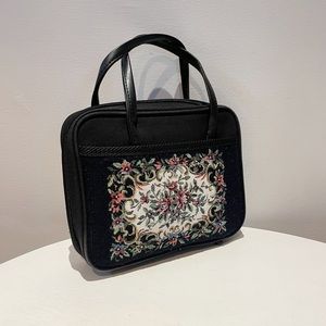 Vintage 70s Black Canvas Tapestry Double Vegan Leather Top Handle Case/Handbag